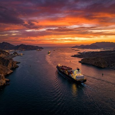 Navio de carga no Estreito de Hormuz durante o entardecer