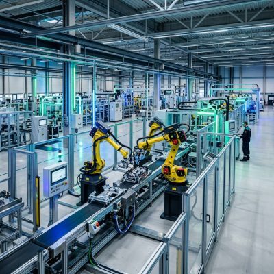 Interior de uma fábrica moderna automatizada com braços robóticos e linha de montagem de alta tecnologia.