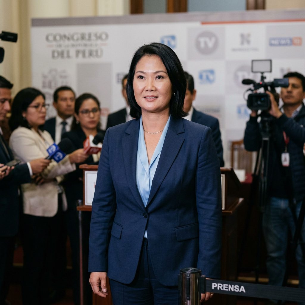 A política peruana Keiko Fujimori em pronunciamento à imprensa em Lima.