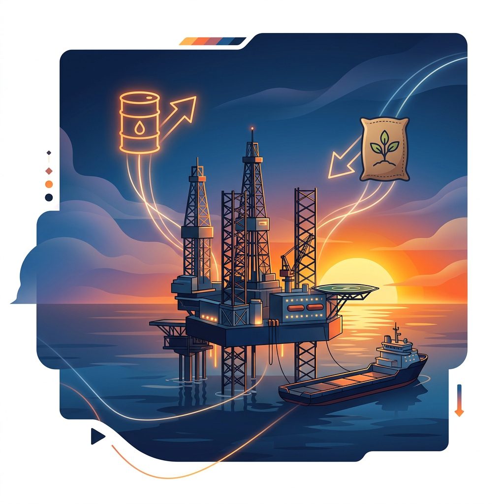 Plataforma de petróleo no mar e ícones de exportação e importação de fertilizantes.
