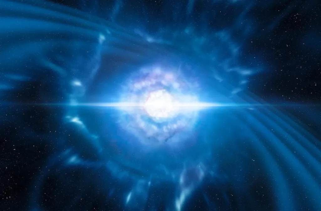 Representação artística de um fenômeno cósmico, possivelmente relacionado a uma estrela de nêutrons. (Foto: phys.org)