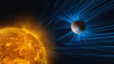 Representação artística de um exoplaneta com campo magnético interagindo com o vento solar do sol. (Foto: goodnewsnetwork.org
