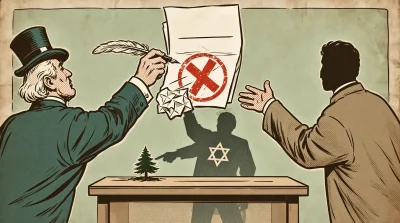 Ilustração editorial sobre Acordo Irã-EUA naufraga após Israel rejeitar retirada do Líbano. (Ilustração: Cafezinho / Wan 2.6)