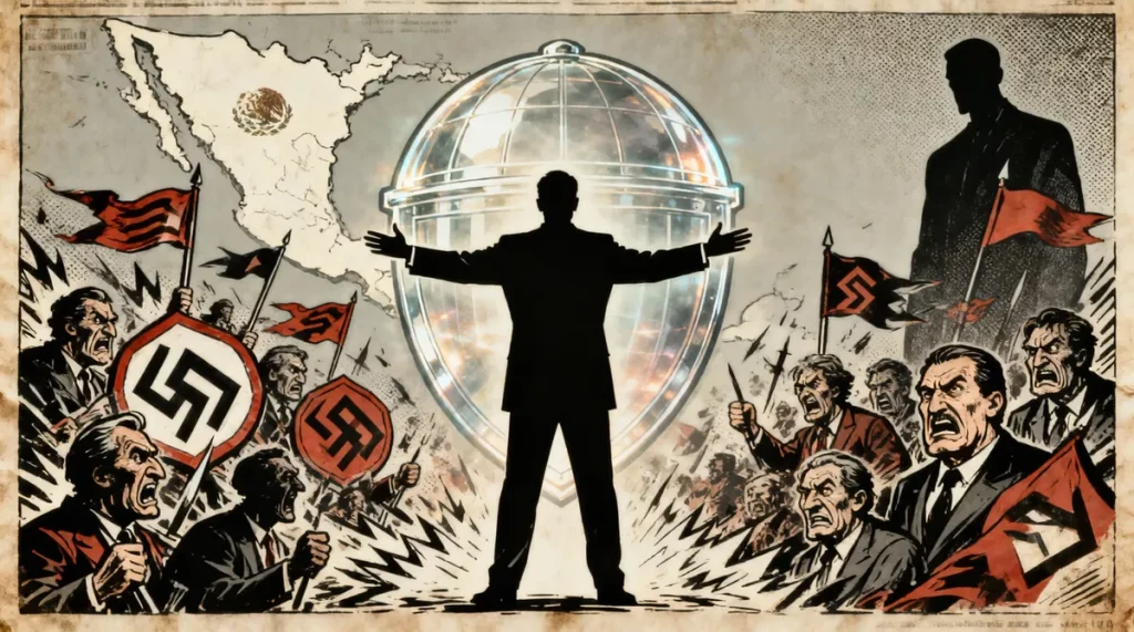 Ilustração editorial sobre Presidenta do México denuncia campanha da ultradireita contra soberania nacional. (Ilustração: Caf