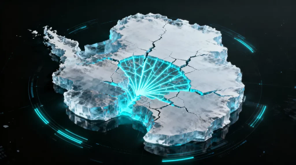 Ilustração editorial sobre Estrutura oculta em forma de leque sob a Antártica revela os segredos da antiga fragmentação de Go