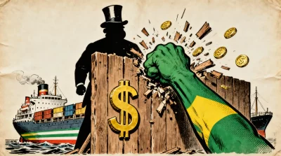 Ilustração editorial sobre Brasil denuncia como absurda tarifa dos EUA e prepara retaliação comercial. (Ilustração: Cafezinho