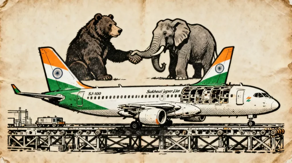 Ilustração editorial sobre Índia avança em negociações para comprar até 200 aeronaves russas e produzir Superjet localmente.