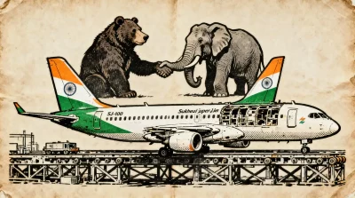Ilustração editorial sobre Índia avança em negociações para comprar até 200 aeronaves russas e produzir Superjet localmente.