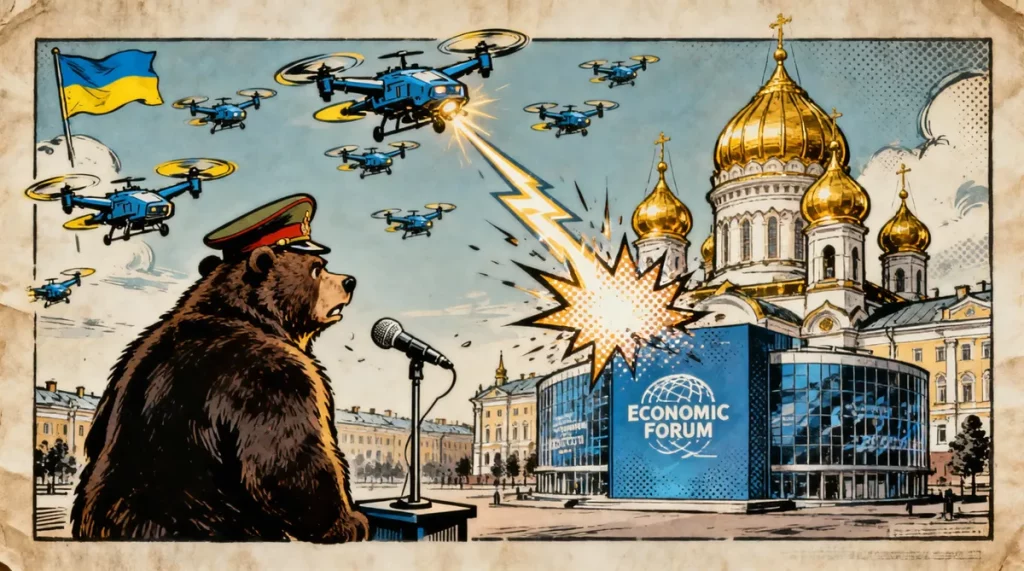 Ilustração editorial sobre Ucrânia lança ofensiva com drones em São Petersburgo durante fórum internacional. (Ilustração: Caf