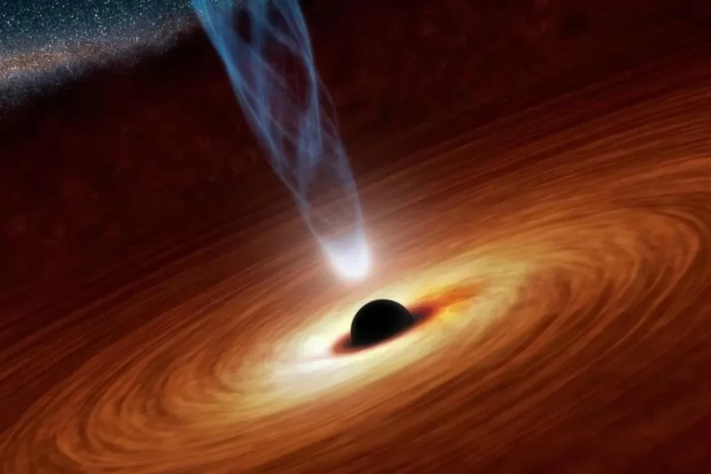 Representação artística de um buraco negro supermassivo com disco de acreção e jato de matéria. (Foto: earth.com)