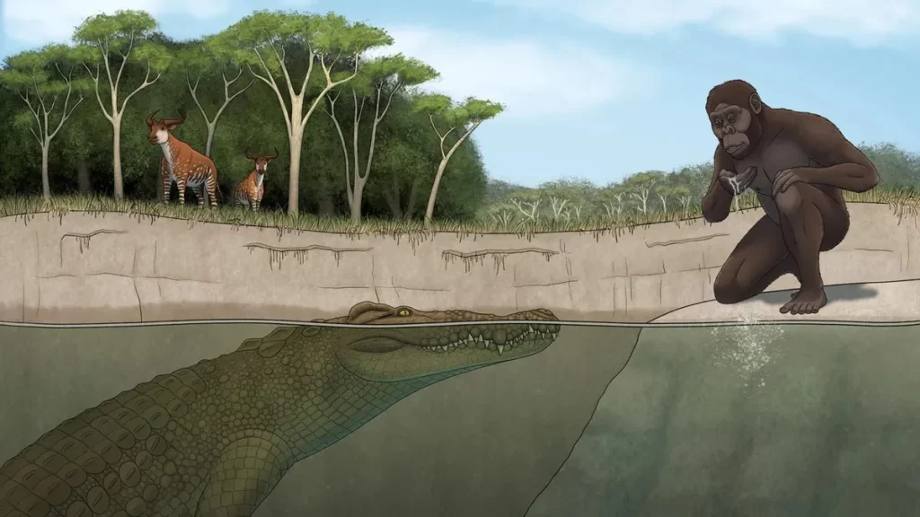 Ilustração de um crocodilo pré-histórico ameaçando ancestrais humanos em ambiente etíope há 3 milhões de anos. (Foto: discove