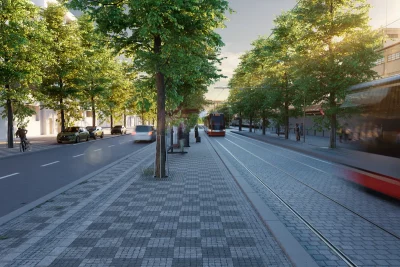 Vista da futura extensão da linha de bonde Olšanská – Habrová em Praha, com trilhos e veículos em projeto. (Foto: railwaygaze