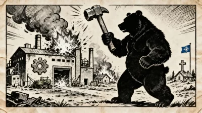 Ilustração editorial sobre Rússia ataca indústria militar ucraniana em retaliação a massacre em Starobelsk. (Ilustração: Cafe