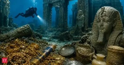 Arqueólogo explora ruínas subaquáticas de Thonis-Heracleion, no Egito, com tesouros e estátuas intactas. (Foto: m.economictim