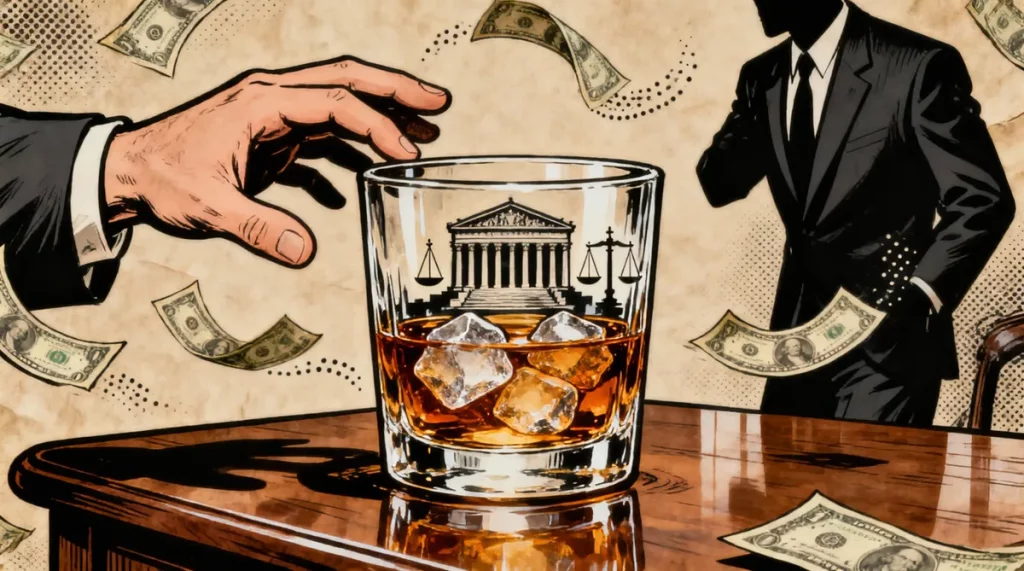 Ilustração editorial sobre Degustação de uísque do Banco Master com filho de Fux expõe malha de relações de Flávio Bolsonaro.