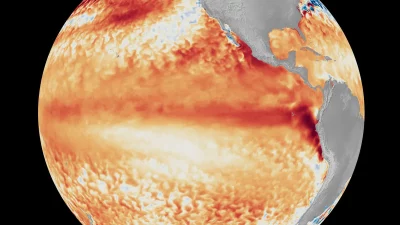 Imagem satelital mostra o fenômeno do El Niño com áreas de água quente no Pacífico. (Foto: sciencenews.org)