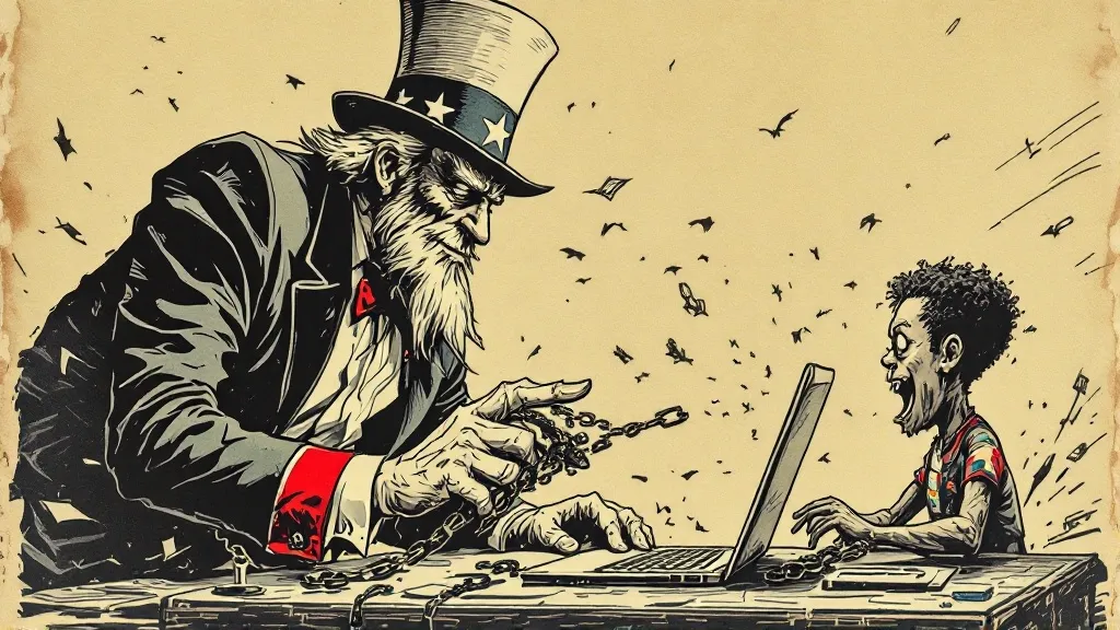 Ilustração editorial sobre Soberania digital enfrenta ofensiva imperialista no Sul Global. (Ilustração: Cafezinho / Flux Pro)