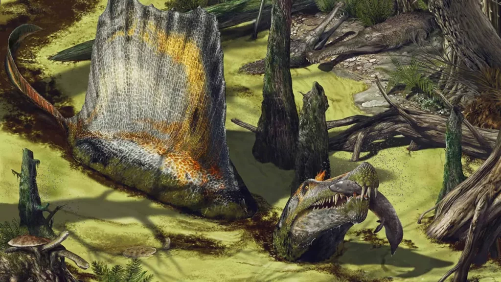 Ilustração de espinossauro em ambiente aquático, com réptil ao fundo. (Foto: olhardigital.com.br)