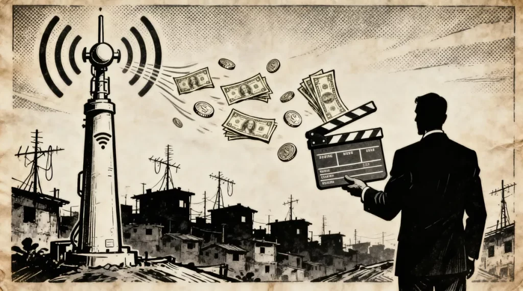 Ilustração editorial sobre Operação investiga desvio de verba pública de Wi-Fi em SP para financiar filme sobre Bolsonaro. (I