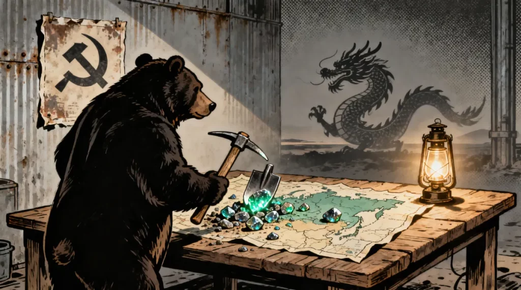 Ilustração editorial sobre Rússia acelera produção própria de terras raras e busca soberania tecnológica até 2028. (Ilustraçã