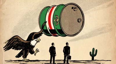 Ilustração editorial sobre Políticas de Salinas e Zedillo entregaram soberania energética do México aos EUA, revela investiga