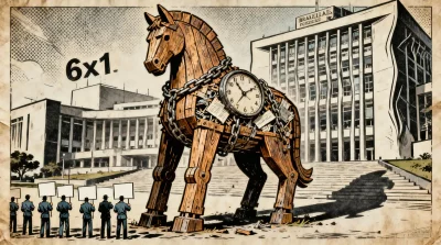 Ilustração editorial sobre Pec 12/2026 de aliado bolsonarista é 'cavalo de Troia' da precarização. (Ilustração: Cafezinho / W