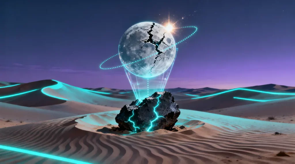Ilustração editorial sobre Fragmento de planeta perdido do tamanho da Lua emerge do deserto do Saara. (Ilustração: Cafezinho