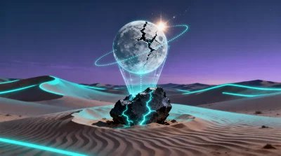 Ilustração editorial sobre Fragmento de planeta perdido do tamanho da Lua emerge do deserto do Saara. (Ilustração: Cafezinho