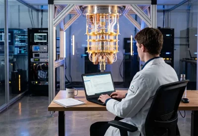 Pesquisador trabalha em computador ao lado de equipamento quântico da Quanta. (Foto: olhardigital.com.br)