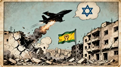 Ilustração editorial sobre Exército de Israel ataca edifícios residenciais em Beirute. (Ilustração: Cafezinho / Wan 2.6)