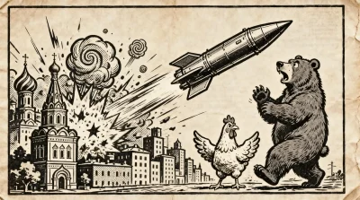 Ilustração editorial sobre Ucrânia ataca cidade russa com mísseis e fere três civis. (Ilustração: Cafezinho / Wan 2.6)