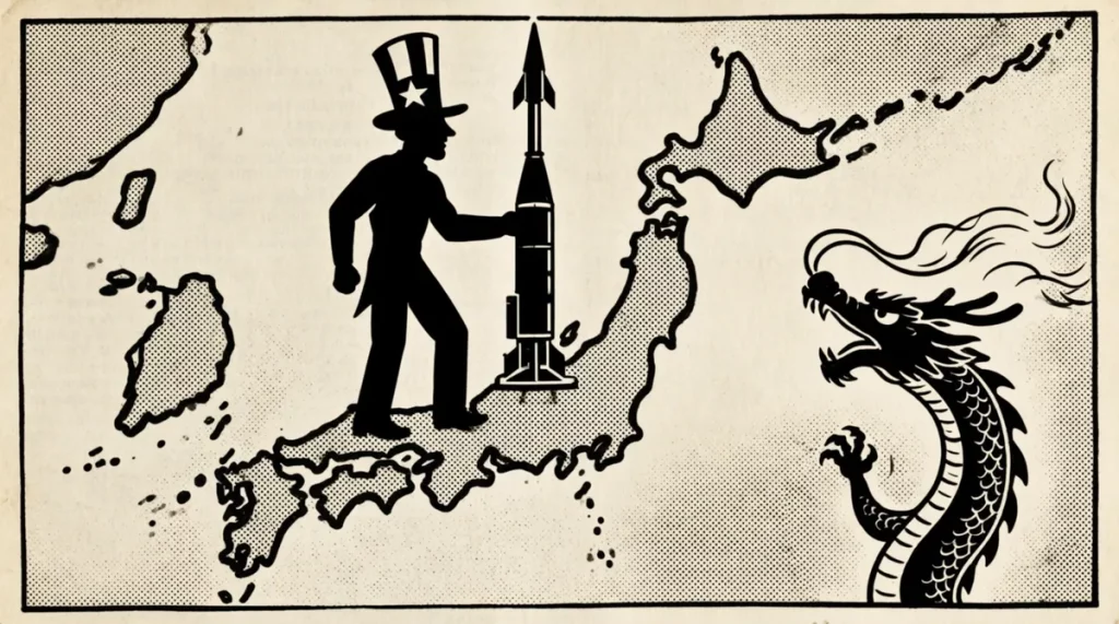 Ilustração editorial sobre EUA manterão lançadores de mísseis Typhon no Japão após manobras com Austrália. (Ilustração: Cafez