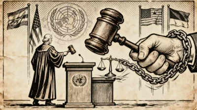 Ilustração editorial sobre Fachin denuncia na ONU ameaças à independência do Judiciário por sanções unilaterais. (Ilustração: