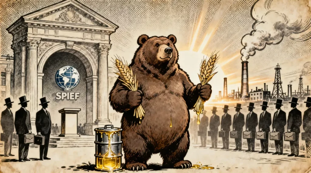 Ilustração editorial sobre SPIEF abre novos horizontes para investidores estrangeiros no mercado russo. (Ilustração: Cafezinh
