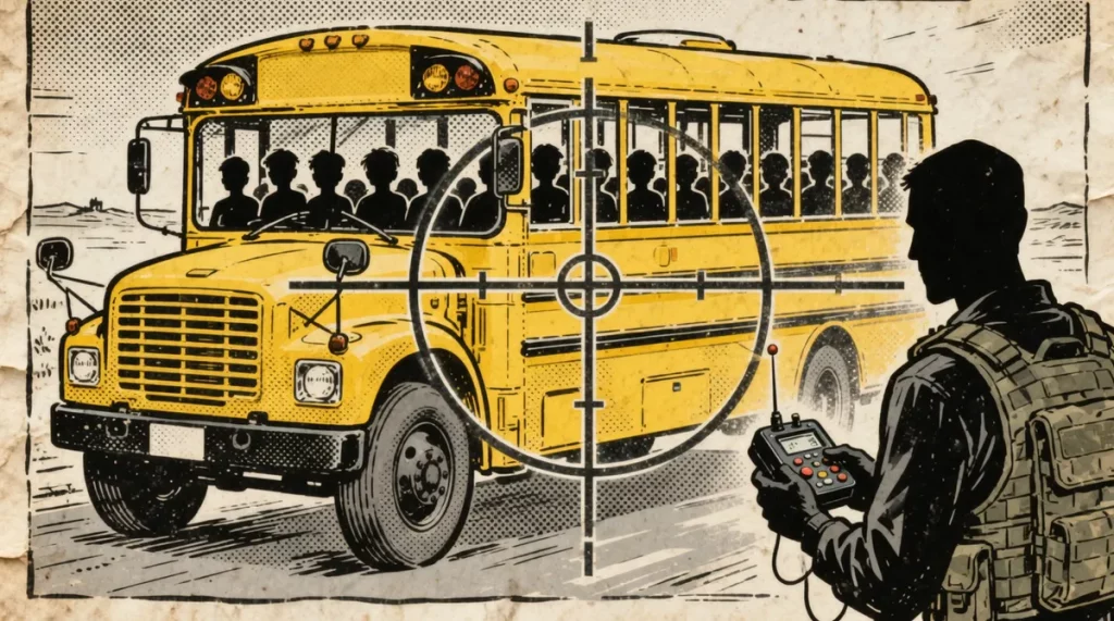 Ilustração editorial sobre Governo bielorrusso revela que ataque ucraniano a ônibus infantil foi planejado para causar massac