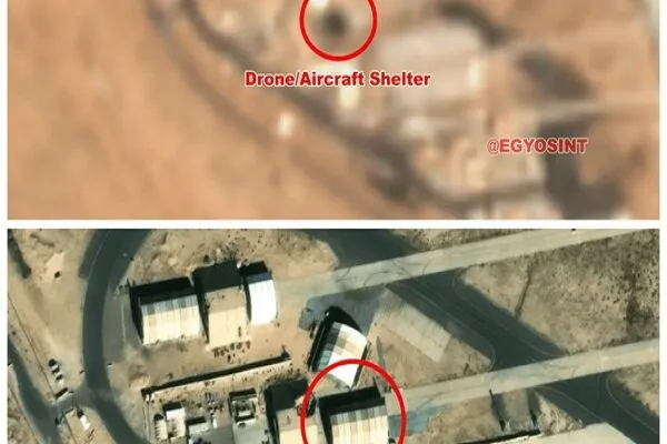 Imagens satelitais mostram hangares de aeronaves no Ali al-Salem Base, em Kuwait, após ataque iraniano. (Foto: en.mehrnews.co