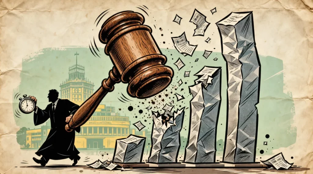 Ilustração editorial sobre TSE sob pressão: ministra sinaliza pressa em ação de Flávio contra pesquisa, mas manobra busca esv