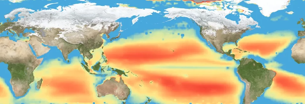 Mapa global da NASA mostrando áreas de estresse nutricional no oceano, com destaque para regiões quentes em vermelho e amarel
