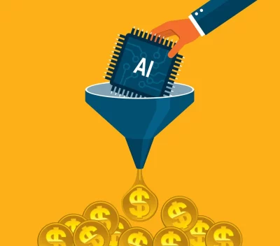 Ilustração mostra chip com 'AI' sendo inserido em funil, derramando moedas com símbolo de dólar. (Foto: techcrunch.com)