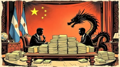 Ilustração editorial sobre Presidente do Banco Central da Argentina negocia renovação de swap com a China. (Ilustração: Cafez