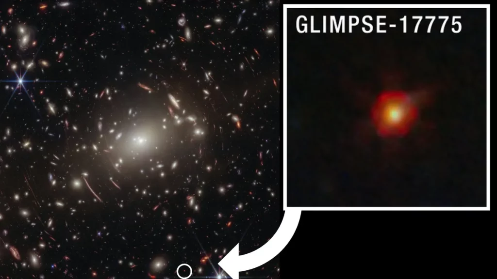 Imagem do espaço capturada pelo James Webb, destacando o objeto GLIMPSE-17775 como um "pontinho vermelho" associado a buraco
