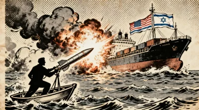 Ilustração editorial sobre Irã ataca navio ligado a EUA e Israel em resposta a ofensiva no mar de Omã. (Ilustração: Cafezinho
