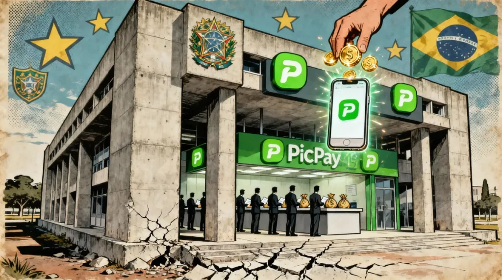 Ilustração editorial sobre Governo do DF transformou prédios públicos em balcão de vendas do PicPay e depois negou responsabi