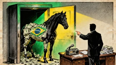 Ilustração editorial sobre Dono do Banco Master detalha esquema dark horse de Flávio Bolsonaro em programa da Fórum. (Ilustra