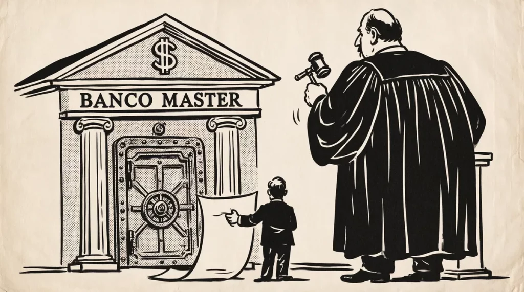 Ilustração editorial sobre Flávio Bolsonaro pede suspeição de Moraes no caso Master. (Ilustração: Cafezinho / Wan 2.6)