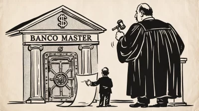 Ilustração editorial sobre Flávio Bolsonaro pede suspeição de Moraes no caso Master. (Ilustração: Cafezinho / Wan 2.6)