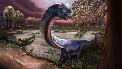 Ilustração artística do dinossauro Nagatitan chaiyaphumensis em seu habitat pré-histórico. (Foto: sciencedaily.com)