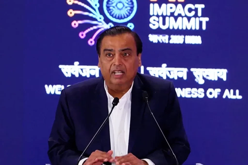 Mukesh Ambani discursa no Impact Summit em 2026. (Foto: techcrunch.com)