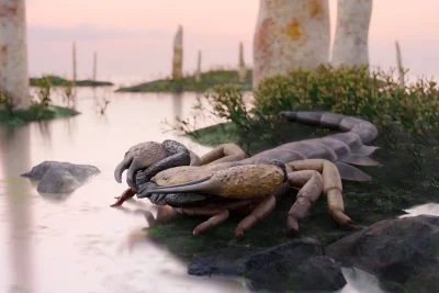 Recreação digital do escorpião gigante Praearcturus gigas em ambiente pré-histórico. (Foto: discoverwildlife.com)