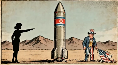 Ilustração editorial sobre Coreia do Norte reafirma status nuclear como irreversível e critica EUA. (Ilustração: Cafezinho /